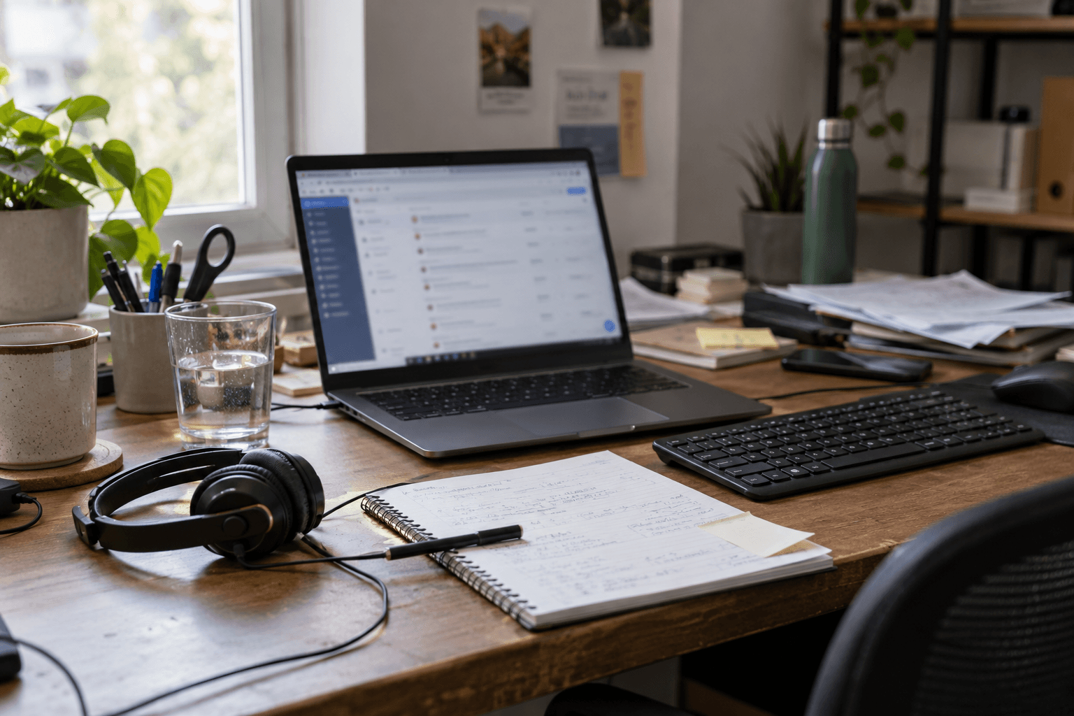 Headset, notebook and laptop at an everyday customer support desk.