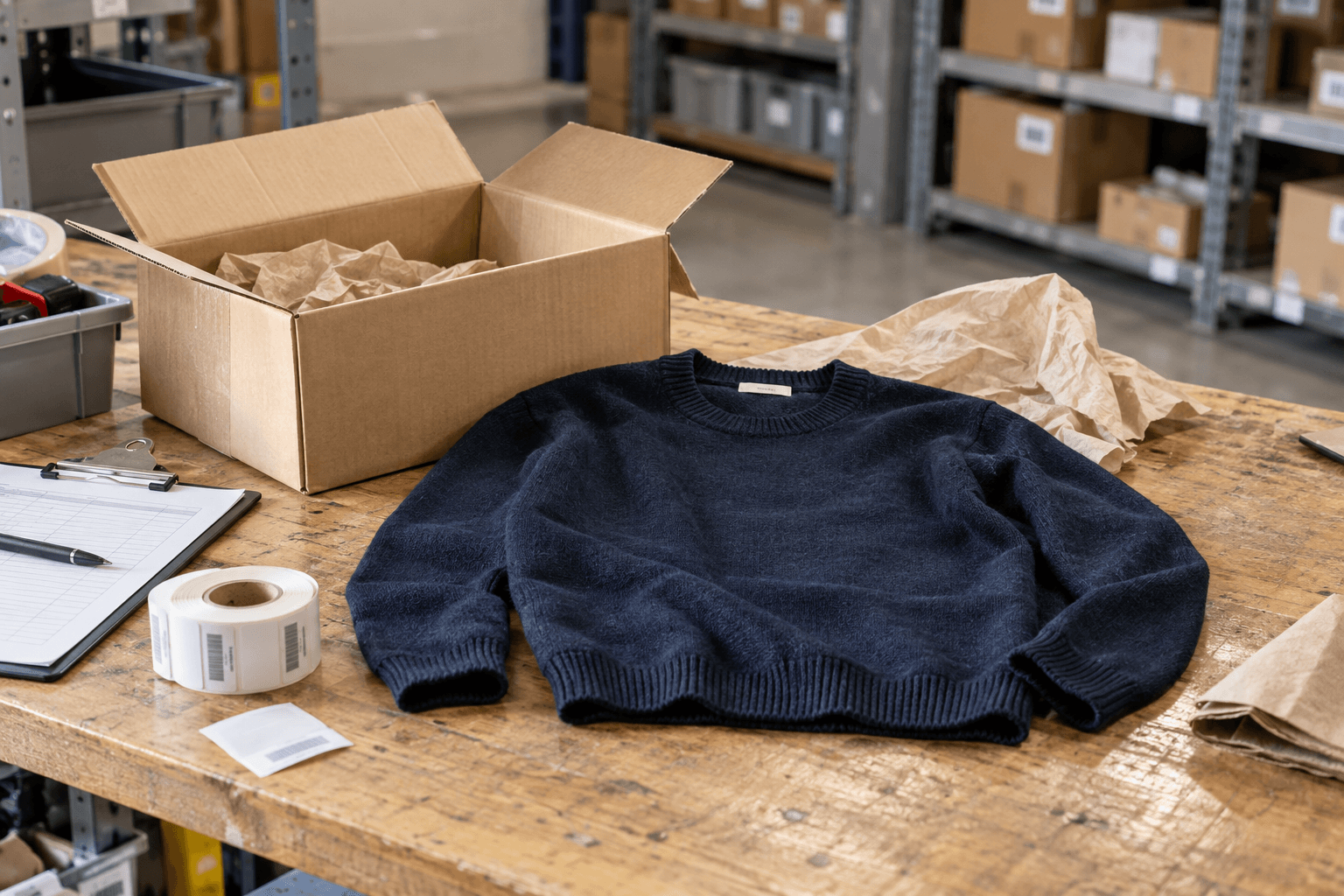 Opened parcel and sweater on a warehouse return-inspection bench.