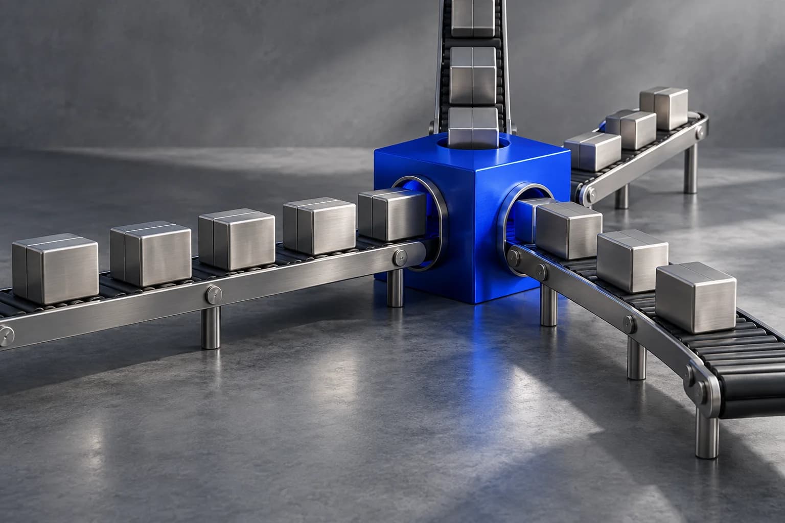 Logistikmodule mit direkten Verbindungen und zentralem blauen Verteiler.
