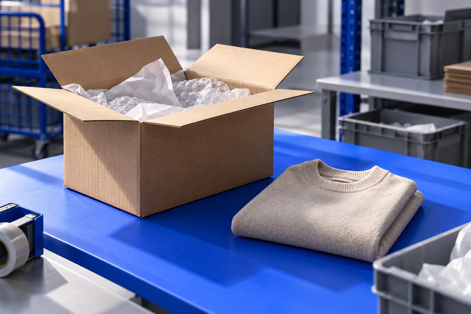Open return parcel with a folded garment on a blue inspection bench.