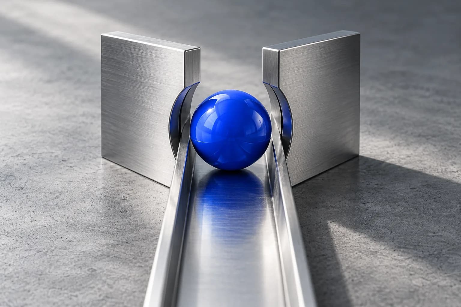 Blue sphere between metal gates in a single processing channel.