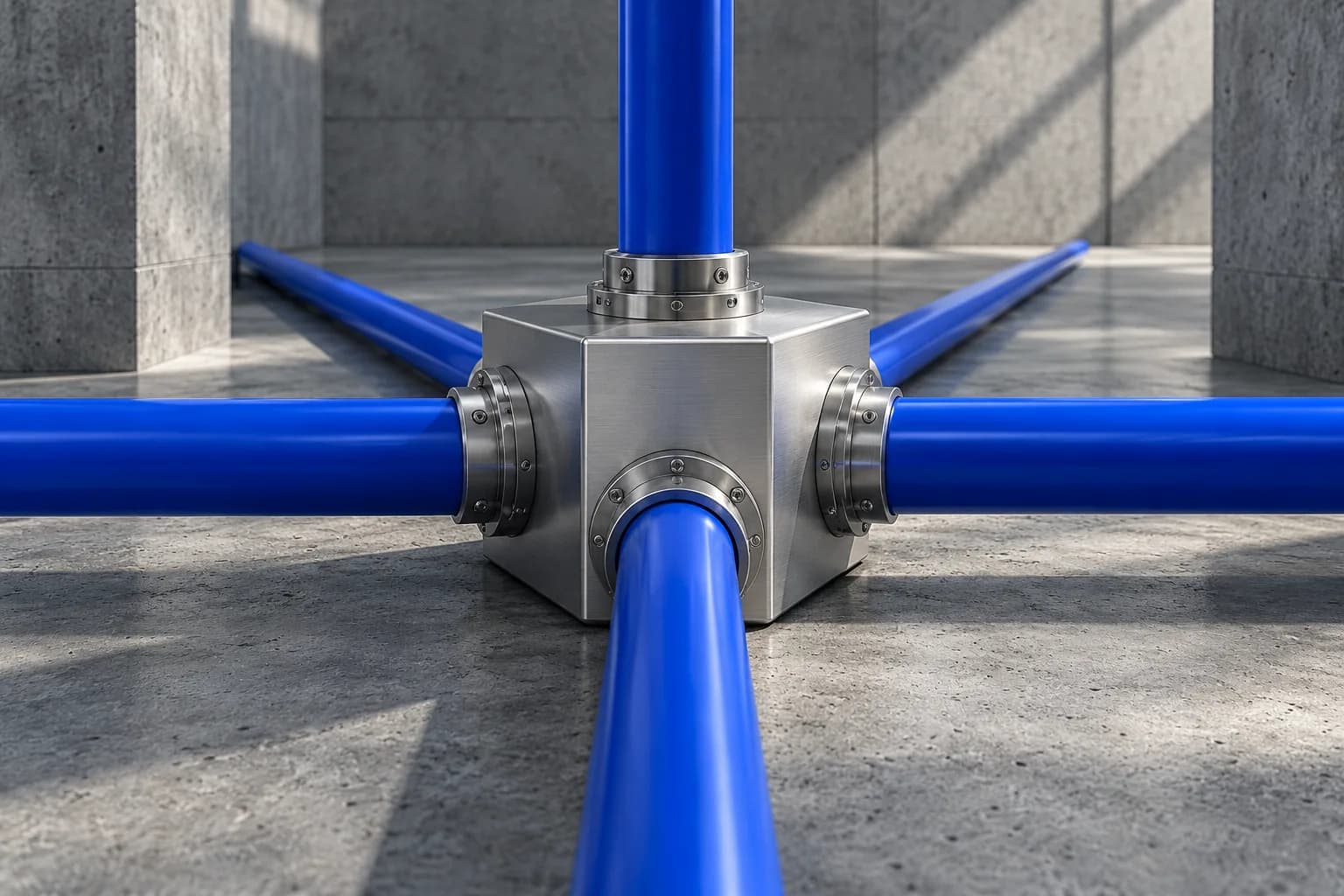 Zentrales Metallmodul mit mehreren blauen Verbindungsleitungen.