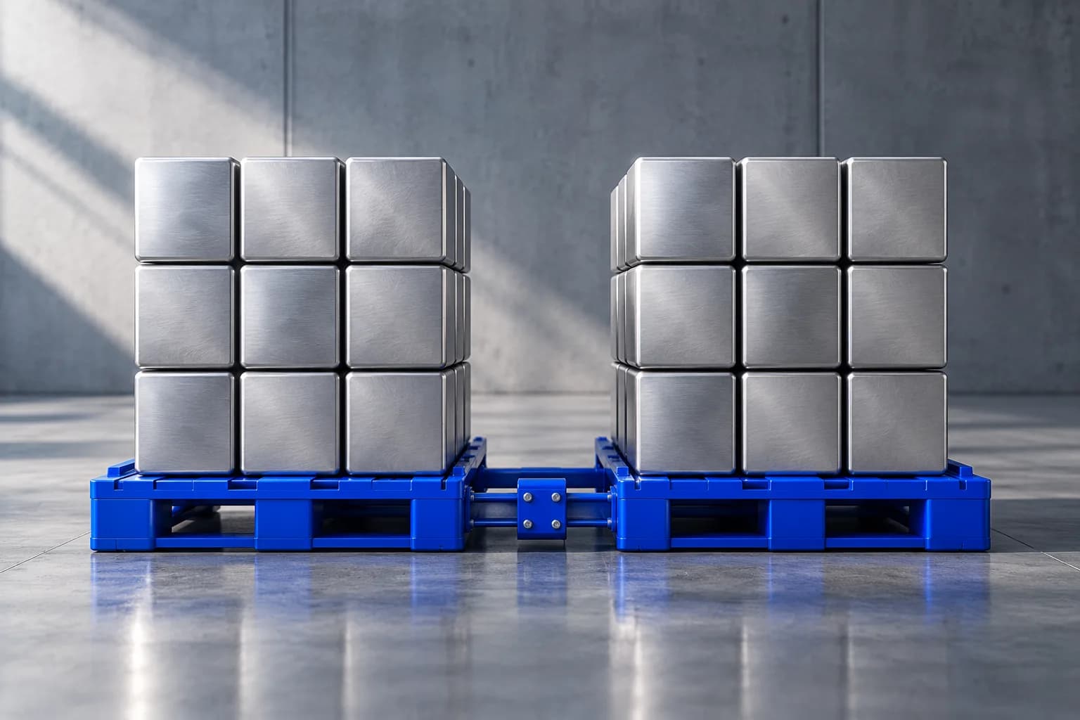 Matching stacks of metal cubes on blue inventory trays.