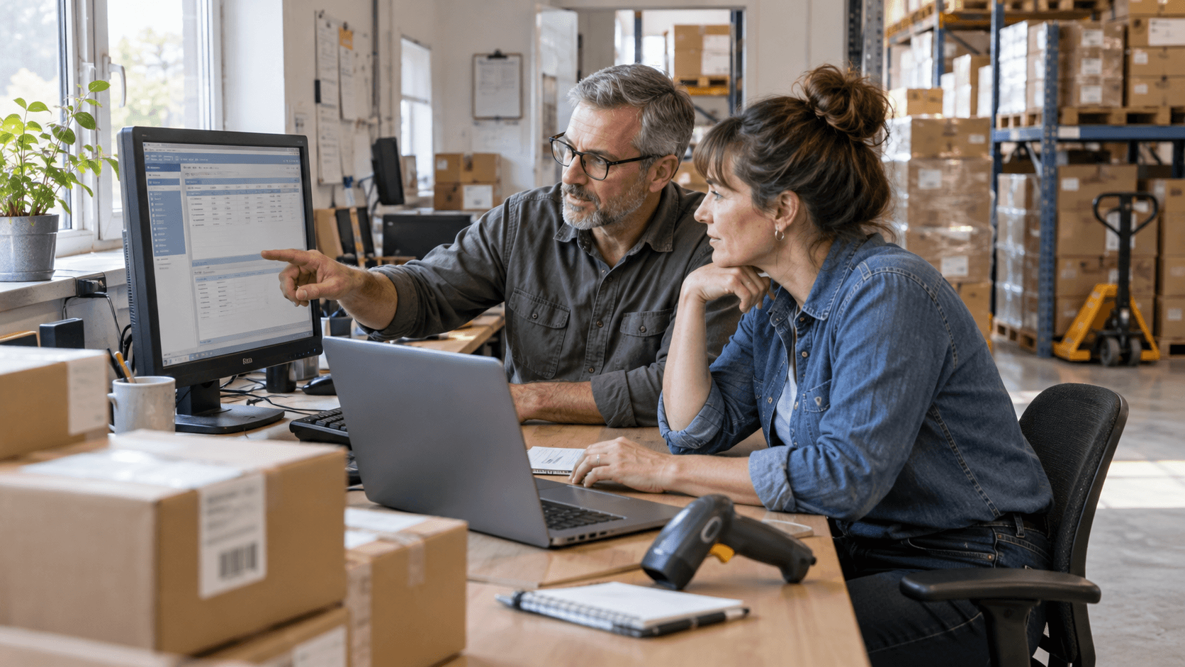 Zwei Mitarbeitende stimmen im Büro eines Handelsbetriebs Daten zwischen Arbeitsplatzrechner und Laptop ab.