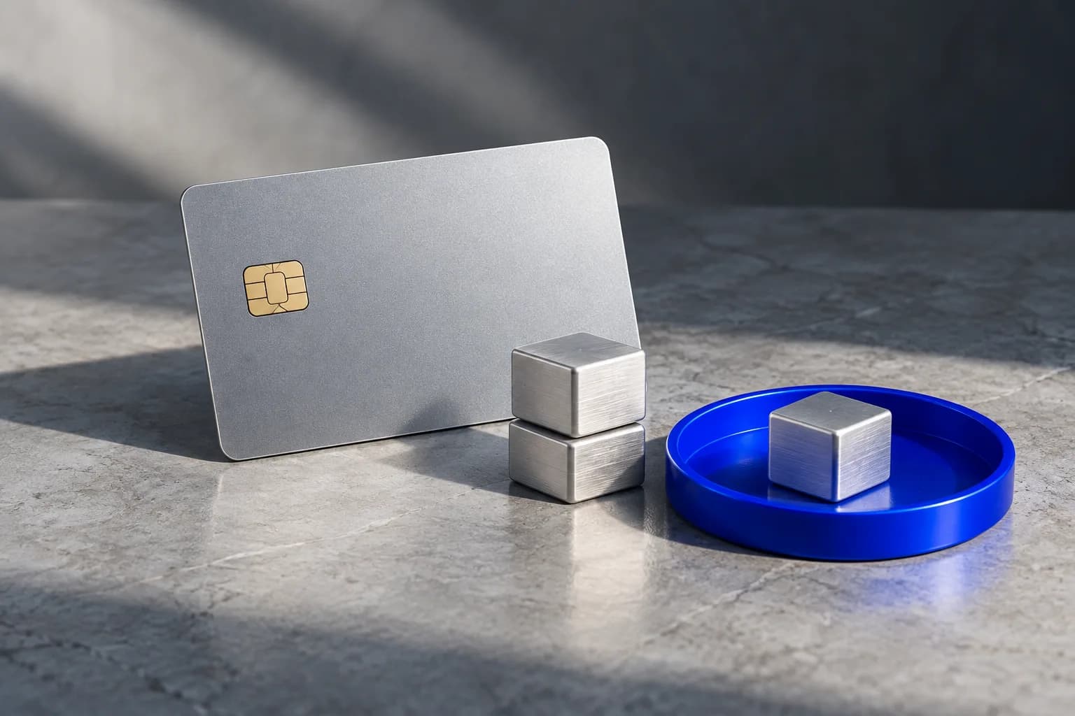 Silver payment card and metal blocks, with one block separated onto a blue tray.