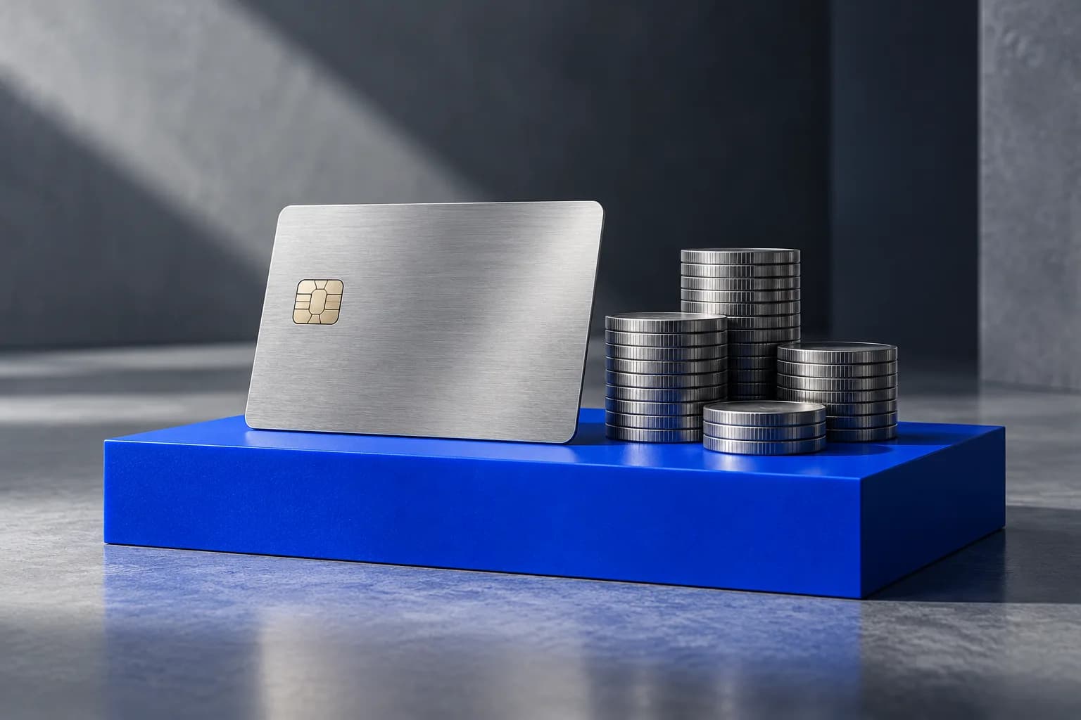 Silberne Zahlungskarte neben geordneten Metallscheiben auf blauem Sockel.