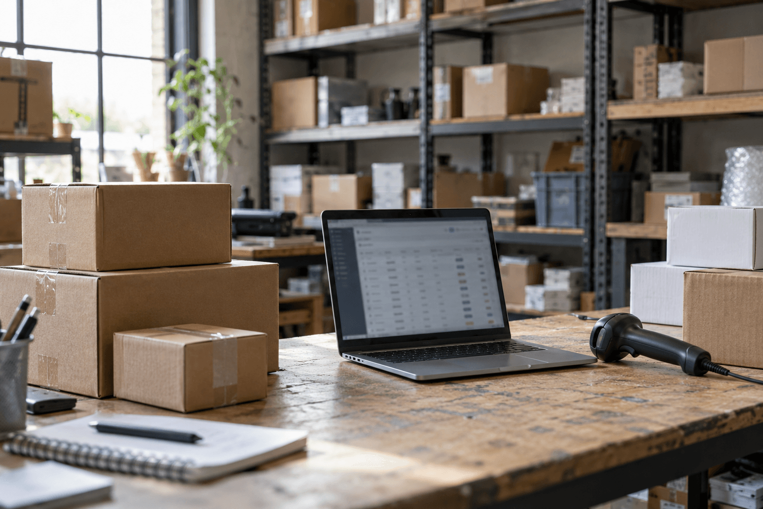 Laptop and barcode scanner at a small stockroom workstation.